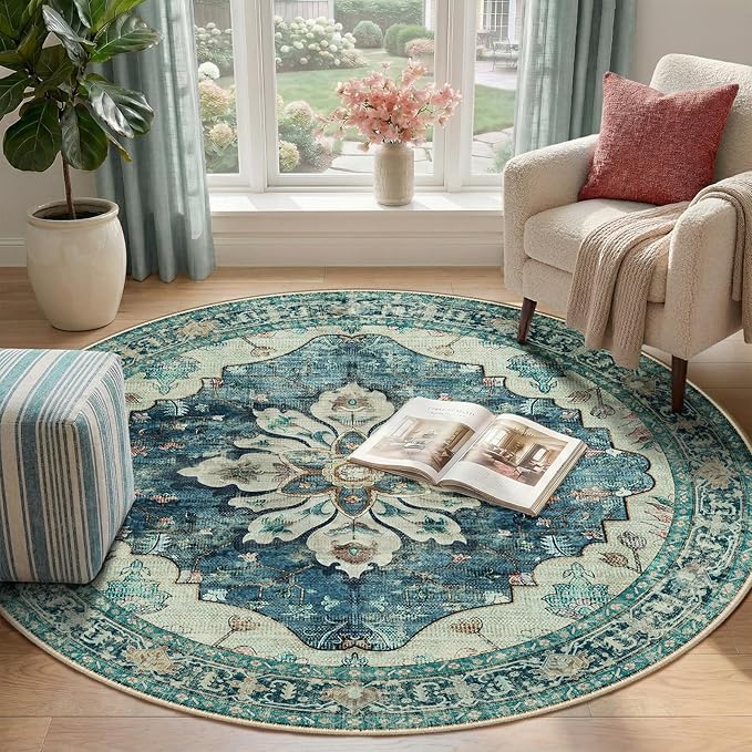 Area Rugs 4ft Washable Non-Slip, Floral Vintage Distress Print Pattern Medallion Carpet for Living Room Bedroom Dining Room, Dark Blue Vintage
