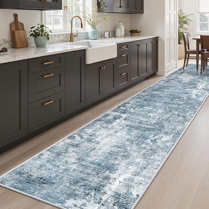 Runner Rug 2'6" x 12' Washable Non-Slip 2.5x12 ft Long Runner Rugs for Kitchen Bathroom Laundry Room Vintage Ultra Thin Runners for Hallway Entryway Blue/Grey