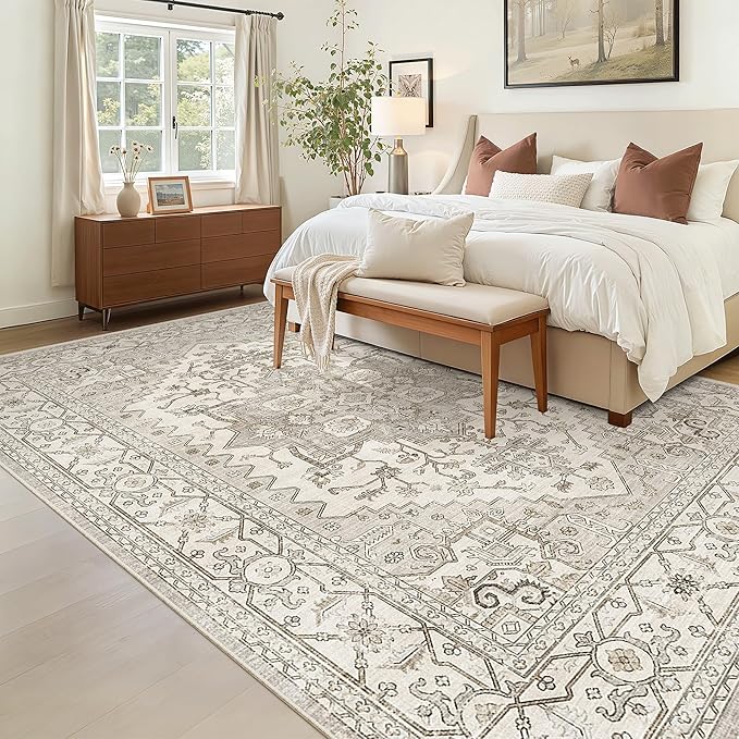 Madane 5x7 Area Rugs for Living Room, Stain Resistant Washable Rug, Non-Slip Backing Area Rug, Vintage Home Decor Rug for Bedroom (Beige/Brown, 5'x7')