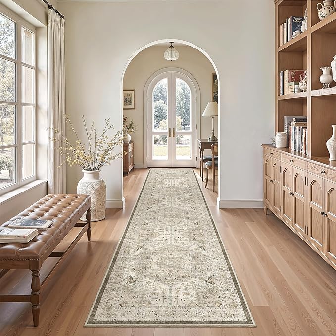Madane Hallway Washable Runner Rug - 2x10 Kitchen Rugs Entryway Rug Runner Vintage Soft Floor Mat Non Slip Indoor Farmhouse Carpet for Bathroom Living Room Bedroom (2 X 10, Ivory/Brown)