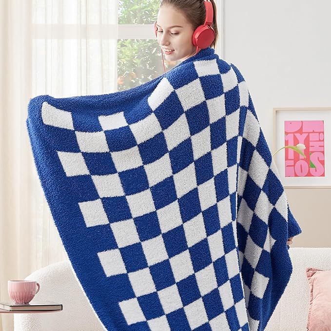 Bedsure GentleSoft Checkered Throw Blanket for Couch - Super Soft Cozy & Warm Knit Navy Blue Blankets, Breathable, Lightweight & Fluffy Plaid Blanket for Bed, Sofa, Gifts for Women Men, 50x60 Inches