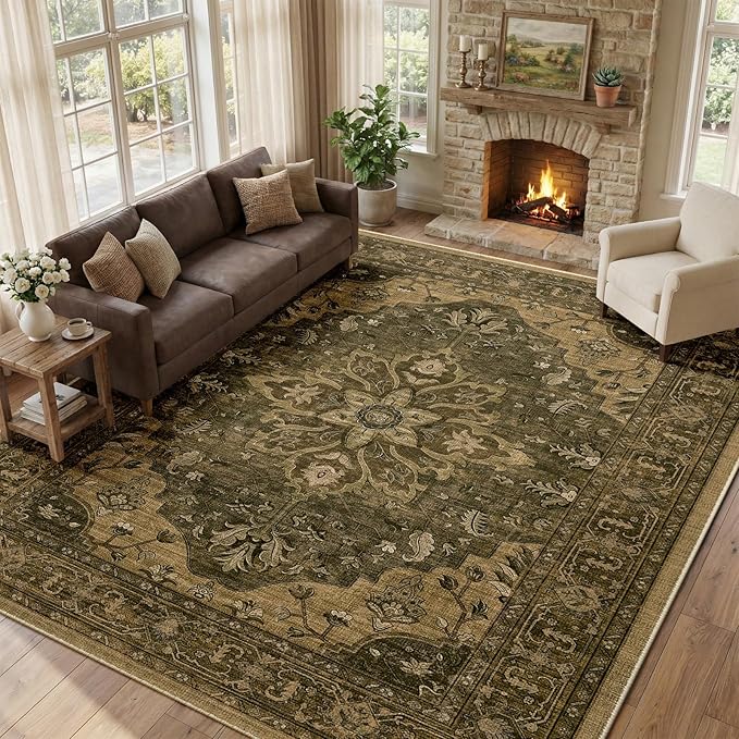 Area Rugs 9'x12' Washable Non-Slip, Floral Vintage Distress Print Pattern Medallion Carpet for Living Room Bedroom Dining Room, Brown Dark Brown