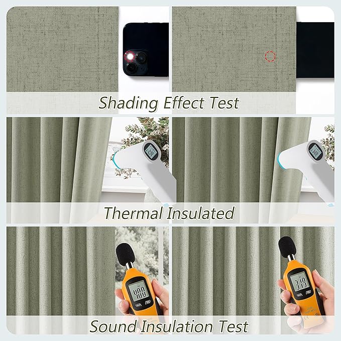 Sage Green 100% Blackout Linen Curtains 90 Inch Length 2 Panels Set for Living Room Bedroom Back Tab Thermal Insulated Black Out Drapes Room Darkening Window Curtains 90 Inches Long