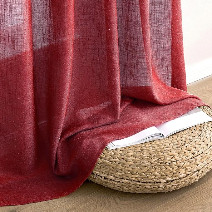 MIULEE Burgundy Red Kitchen Curtains 24 Inch Length 2 Panels, Soft Thick Linen Textured Semi Sheer Light Filtering Short Cafe Tier Curtains for Small Half Window Back Tab Rod Pocket Christmas Decor