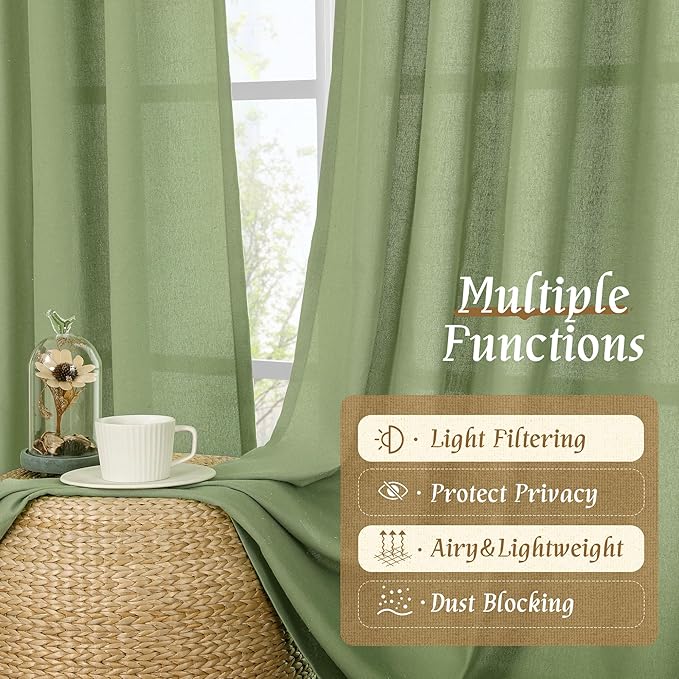 LAMIT Sage Green Linen Curtains 63 inch Length for Bedroom, Faux Linen Light Filtering Window Treatments Neutral Rod Pocket Drapes for Living Room/Farmhouse, 2 Panels Set, 52 x 63 Inch