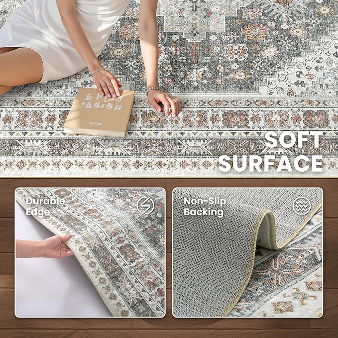 zesthome 6x9 Area Rug, Super Soft Washable Rugs for Living Room, Non-Slip Stain Resistant Vintage Rugs, Ultra-Thin Large Area Rugs (Grey/Orange,6'x9')
