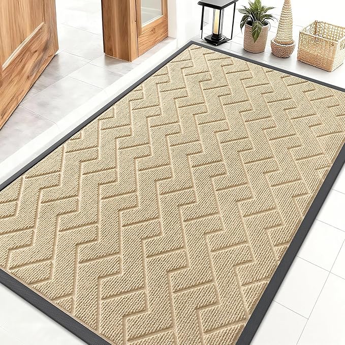 OLANLY Front Door Mat Indoor Outdoor Entrance, Waterproof All-Season, All-Weather Doormat, Sturdy Natural Rubber, Low Profile, Easy Clean Patio Porch Entryway Mat, Herringbone Brick (Beige, 47x32)
