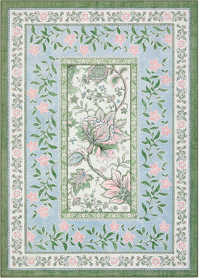 GarveeHome Blue Green Pink Area Rugs 9x12 Living Room, Botanical Grove Cottage core Washable Non-Slip Rug for Bedroom Dining Nursery Low-Pile Vintage Large Soft Carpet