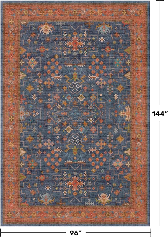 Navy Blue Large Area Rugs 8x12 Living Room, Geometric Floral Rugs for Dining Room Under Table - Washable Low Pile & Soft Carpet for Bedroom - Vintage Boho Stain Resistance Indoor Décor