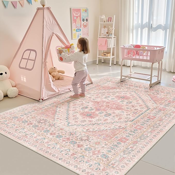 zesthome Pink Rug - 5x8 Area Rugs for Bedroom, Stain Resistant Washable Rugs for Nursery Room, Living Room, Home Decor, Girls Rug (Pink/Blue,5'x8')