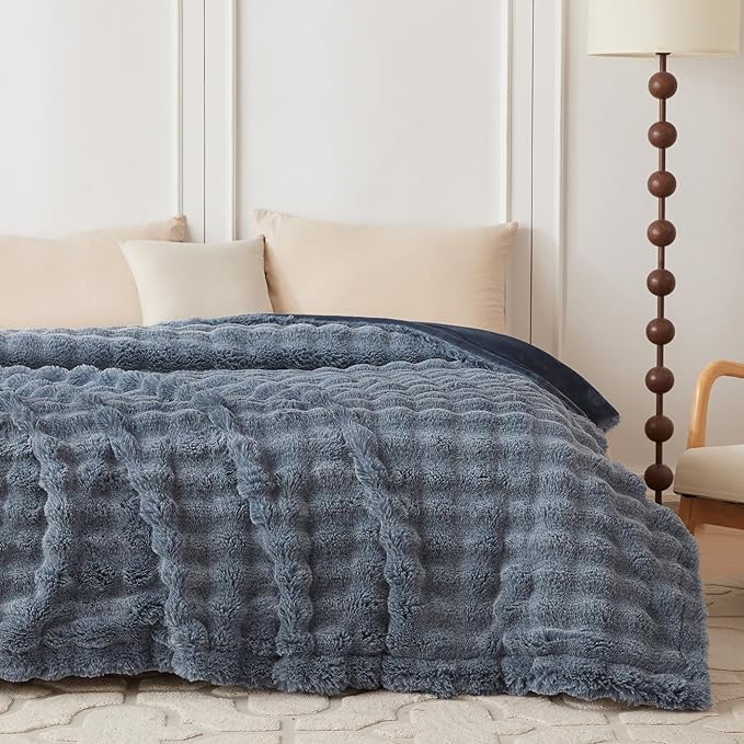 COOVA Faux Fur Throw Blanket for Couch, Cozy Soft and Fuzzy Plush Rabbit Fur Bubble Blanket for Sofa Bedroom Living Room, 60x80 Inches Cationic Dark Blue