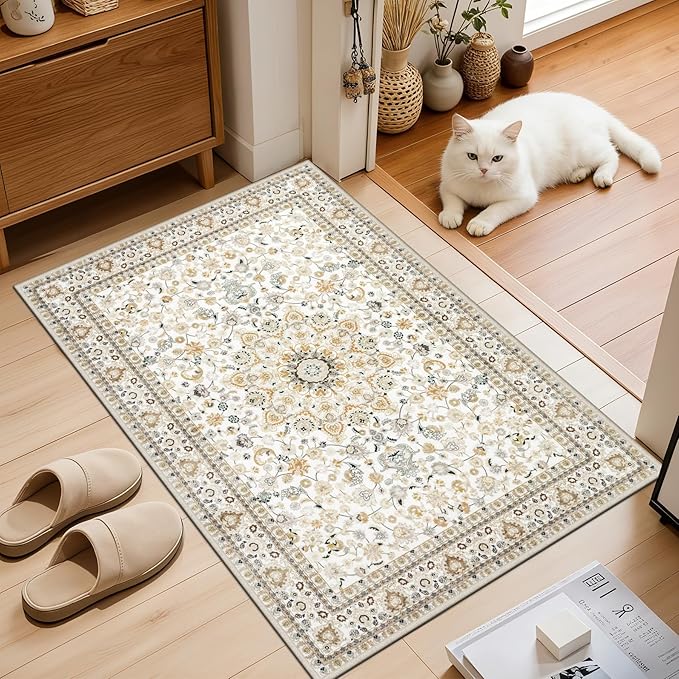 2x3 Area Rugs Living Room Rug: Washable Vintage Boho Rug No Slip Stain Resistant Soft Carpet Indoor Floor Floral Large Carpets for Bedroom Dining Room Farmhouse Nursery Hallway Home Office Beige