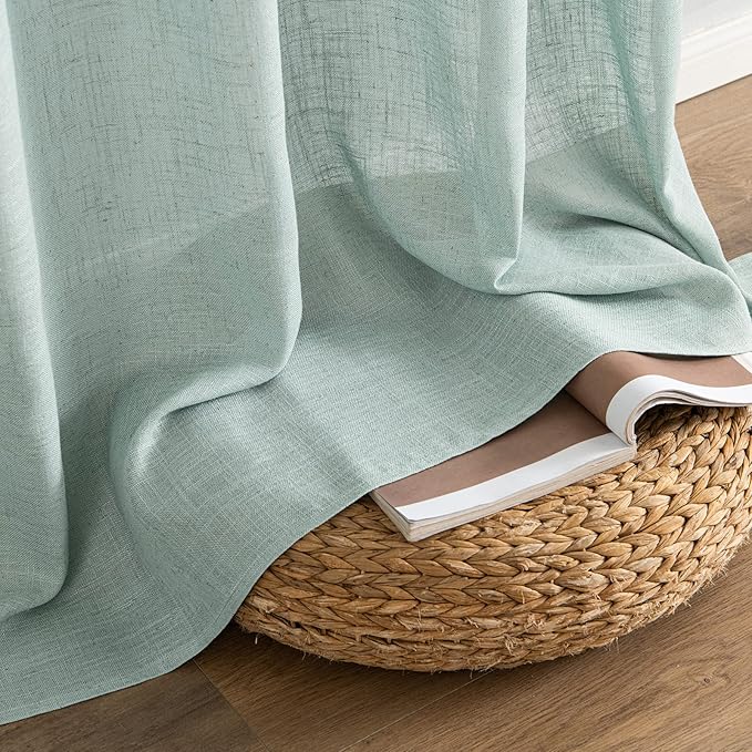 MIULEE Sea Green Linen Curtains 84 Inch Length for Bedroom Living Room, Soft Thick Linen Textured Window Drapes Semi Sheer Light Filtering Back Tab Rod Pocket Burlap Look Aqua Decor, 2 Panels