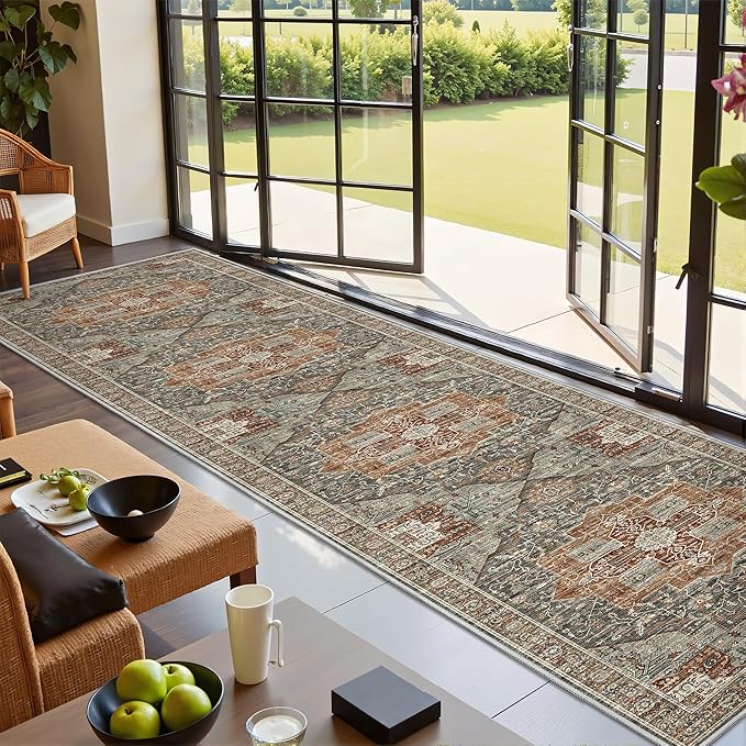 Runner Rug 2x10, Ultra-Thin Kitchen Rugs Non Slip Washable Rugs for Entryway Rug, Kitchen Runner Low Pile Vintage Soft Carpets for Living Room, Bathroom Bedroom (Grey/Brown/Tan,2'x10')