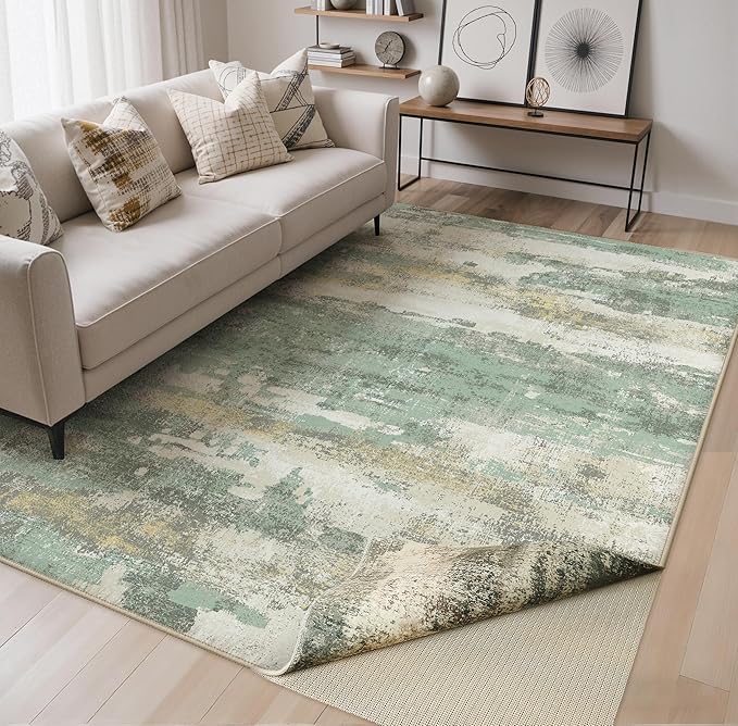 BEIMO Reversible 6x9 Area Rugs for Living Room, Modern Abstract Dual-Sided Carpet, Machine Washable Soft Low Pile Rug for Bedroom Dining Room, Includes Non-Slip Rug Pad, Green & Grey
