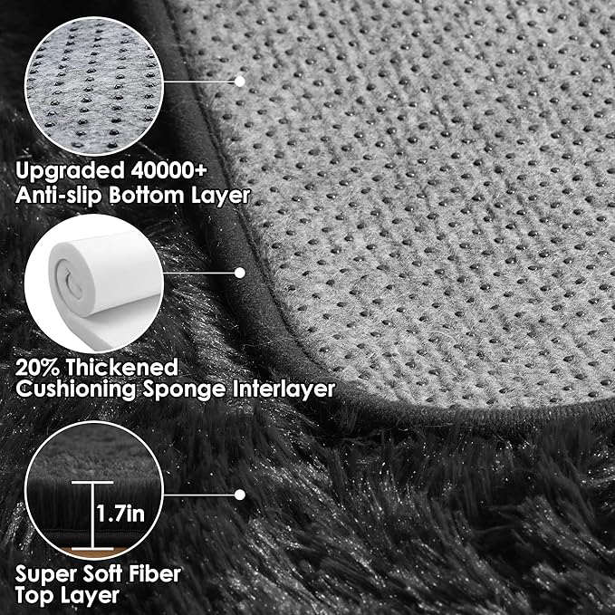 ONASAR Black Area Rugs for Bedroom Living Room, Fluffy Fuzzy Shaggy 4x6 Bedside Rug, Soft Plush Modern Indoor Floor Carpet for Nursery Kids Girls Boys Teen Dorm Home Office Decor Aesthetic