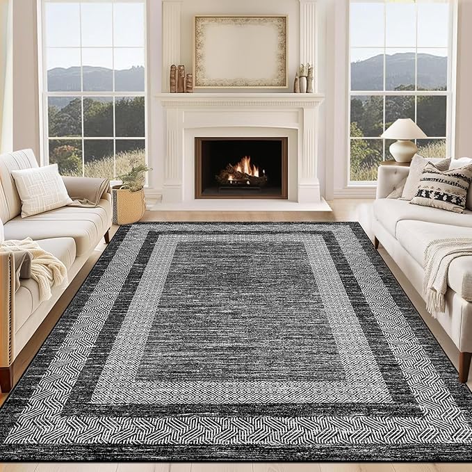 GarveeHome Area Rug 8x10 Modern Geometric Living Room Rug Non Slip, Thin Washable Carpet, Soft Non Shedding Foldable Floor Covering, Low Pile Thin Printed Mats for Bedroom Office, Black