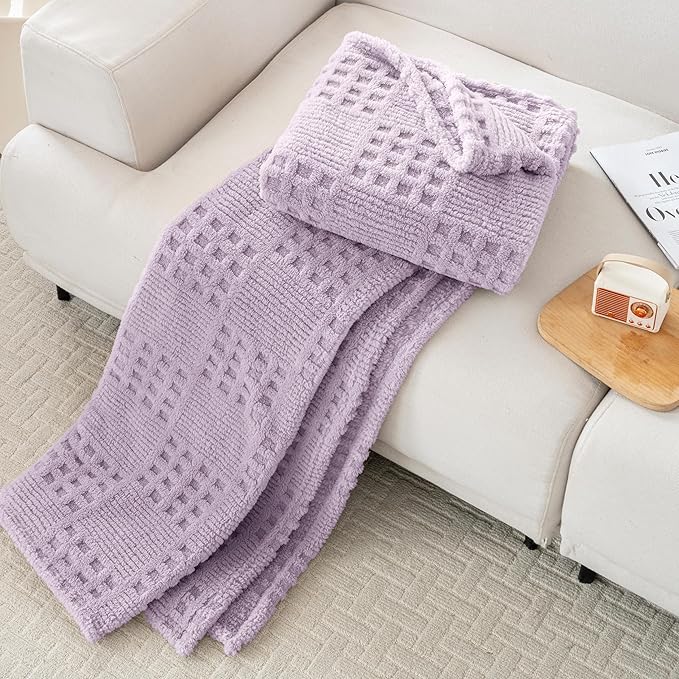 50x70 Inch Waffle Purple Throw Blanket -Fluffy Fleece, Neutral Tan Color, Cute & Aesthetic, Perfect for Sofa, Couch, Chair, Bed, Living Room & Bedroom, All-Season Use, Plush & Cozy Decorative Blanket