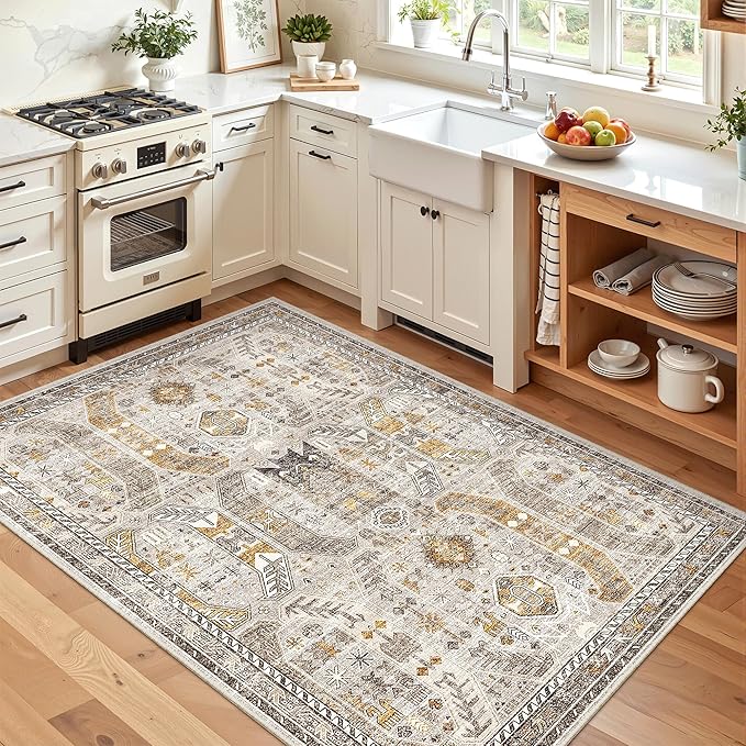 Madane Area Rug 3x5, Washable Entryway Rugs Printed Vintage Rugs for Bedroom Non Slip Indoor Kitchen Runner for Living Room Laundry Room Playroom Soft Non-Slip Floor Carpets, Brown/Gold