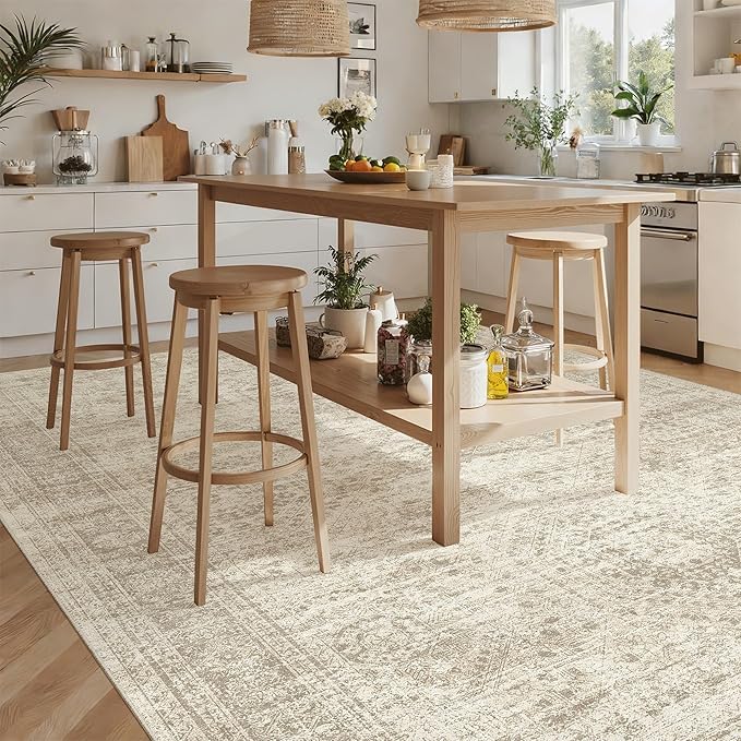 Washable Area Rug 8x12, Large Soft Rugs for Living Room Vintage Beige Carpet 8x12 Area Rugs for Bedroom Dining Room Non-Slip Stain Resistant Under Table Rug
