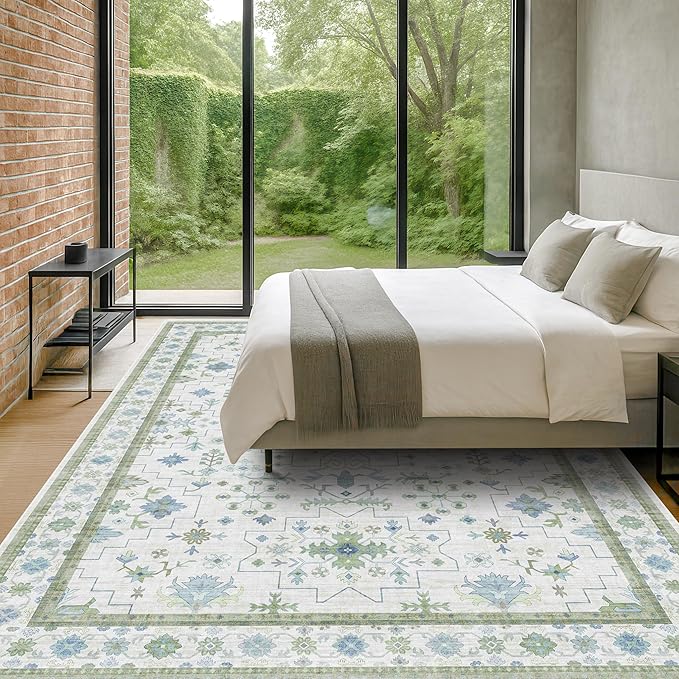 Hazo Haus Washable Rugs for Living Room 10x12 - Cream Blue and Green Oriental Floral Geometric, Low Pile Non Slip Extra Large Area Rug for Dining Under Table, Bedroom, Lounge