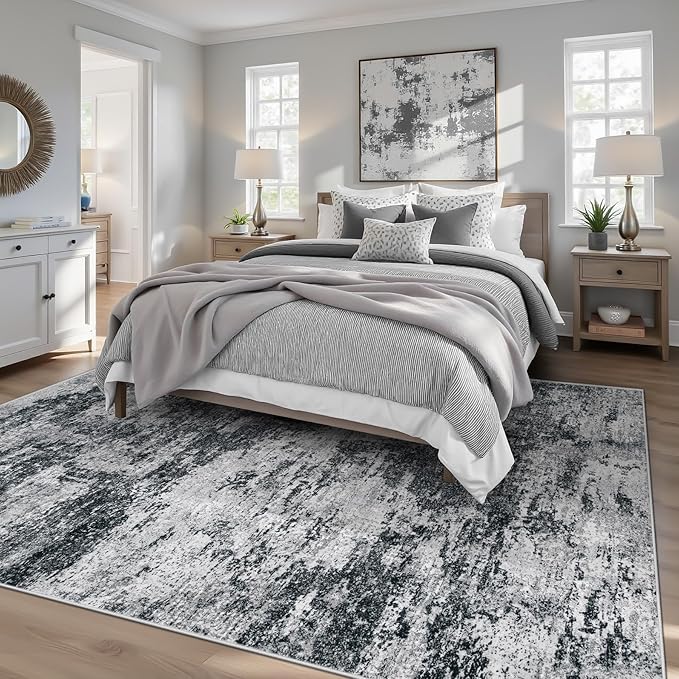 Area Rugs 6x9 for Living Room: Washable Rug Modern Abstract Neutral Soft Non-Slip Low-Pile Indoor Carpet for Bedroom Dining Room Playroom Home Office (Black Grey, 6'x9')