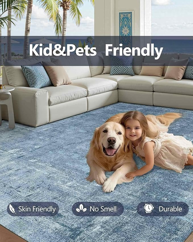 Latte&Fog 3x5 Entryway Rug Indoor, Modern Abstract Washable Area Rug, Boho Non Slip Low Pile Throw Carpet for Indoor Bedroom Bedside, Kitchen, Entry and Living Room - Blue