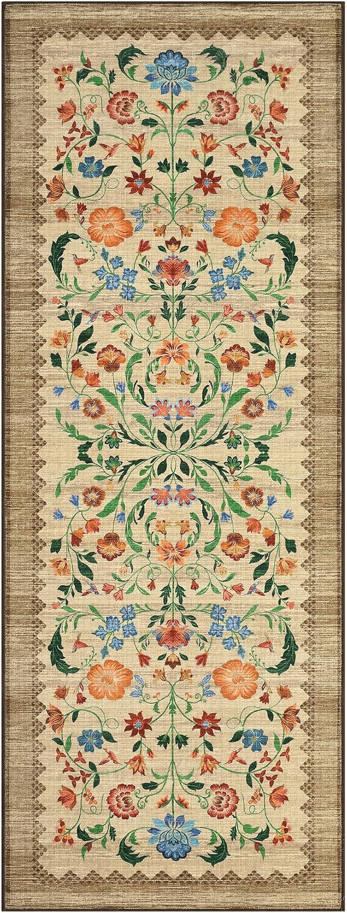 GarveeHome Floral Rug 2.5x8 Runners for Hallways, Boho Kitchen Runner Rugs Non Slip Bath Runners, Vintage Washable Runner Rug for Bedroom, Soft Long Rugs for Entryway Bathroom Laundry Dorm, Beige