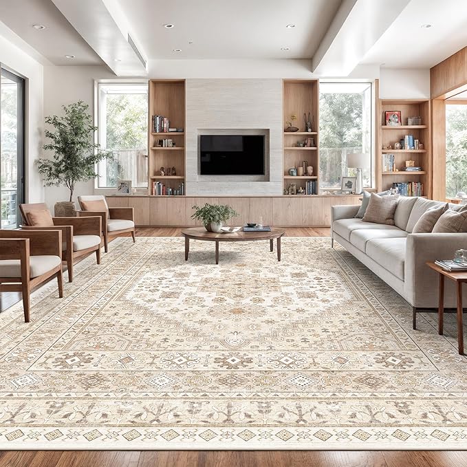 zesthome 10x14 Area Rugs,Stain Resistant Washable Rug,Ultra-Thin Rugs for Living Room,Bedroom,Non-Slip Backing Home Decor Large Area Rug (Cream/Beige,10'x14')