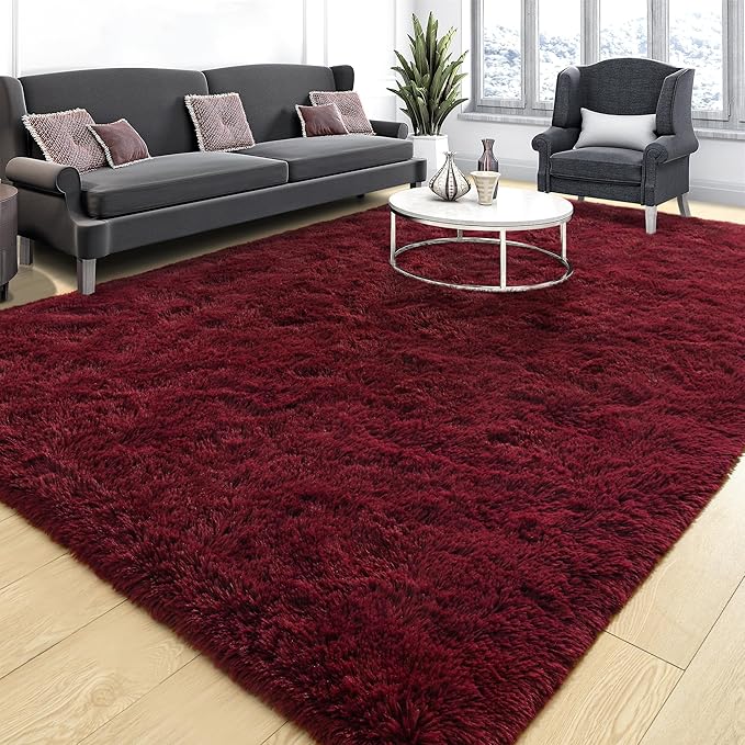 Tepook Soft Fluffy Rugs for Living Room, 5x8 Shaggy Area Rug for Bedroom, Modern Shag Rug Fuzzy Carpets for Kids, Plush Indoor Nursery Home Decor Rug with Non-Slip Bottom, Burgundy Red