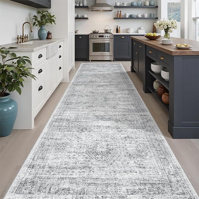 Runner Rug 3x10 Washable Non-Slip Hallway Runner Rugs for Kitchen Bathroom Laundry Room Grey Vintage Floor Carpet Runners for Hallways Entryway