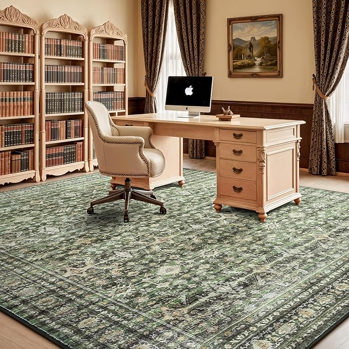 Lofus 10x14 Area Rug for Living Room,Green Washable Large Rugs with Non-Slip Backing,Soft Boho Carpets for Bedroom Dining Room Home Office Indoor Nursery