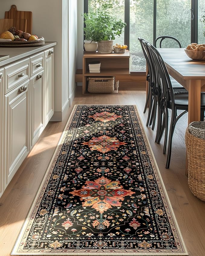 Area Rugs 2'x8' Runner Rug Non Slip Washable for Kitchen Hallway Bedroom Beside Laundry Room Bathroom Rug, Floor Carpet, Black Colorful Floral Dark Tan