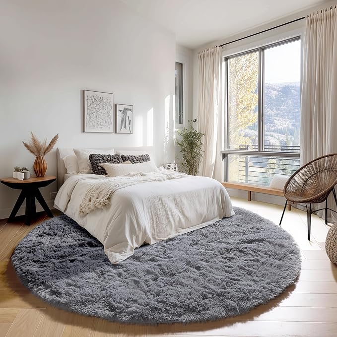 ONASAR Grey Round Rugs 7ft for Living Room, Fluffy Bedroom Circle Area Rug, Soft Plush Shaggy Carpet for Kids Girls Boys Teen Nursery Dorm Classroom Playroom Home Decor Aesthetic