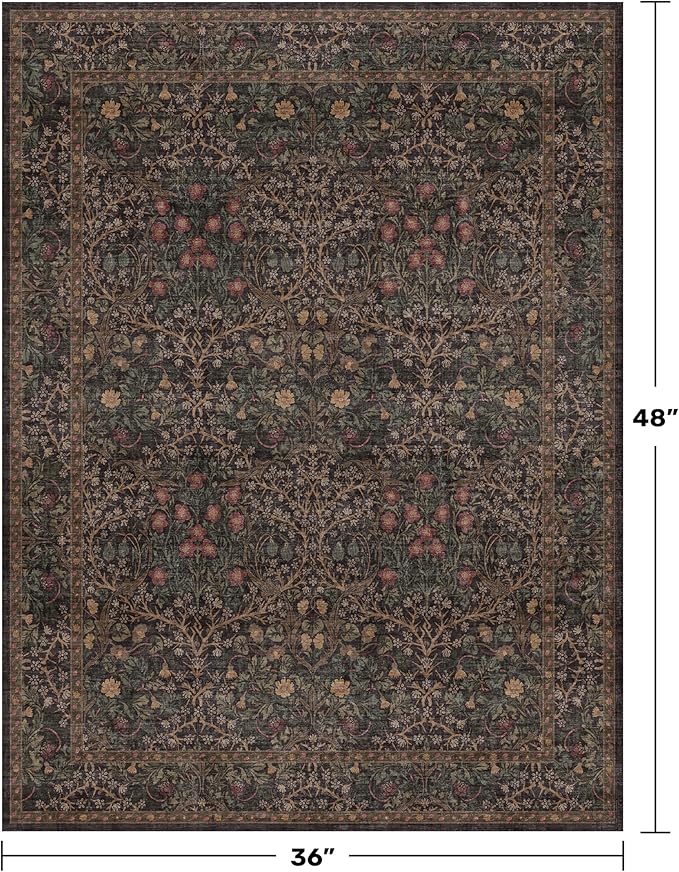Vintage Dark Brown 3x4 Entryway Rug, Washable Small Area Rugs for Entry Way, Kitchen, Bathroom, Door Mat Indoor Entrance, Mudroom, Oriental Floral Low Pile Stain Resistant Non-Slip Throw Rug