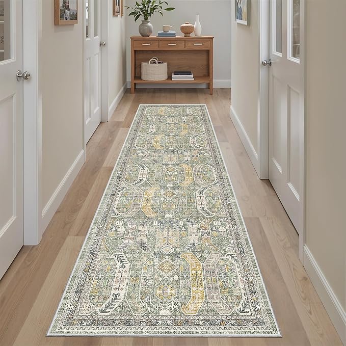 Madane Runner Rug 2x8, Washable Hallway Runner Rugs, Non-Slip Low-Pile Soft Kitchen Rug Runner Laundry Room Rug, Vintage Throw Entry Foyer Mat for Entrance Living Room (Green/Gold, 2 x 8)