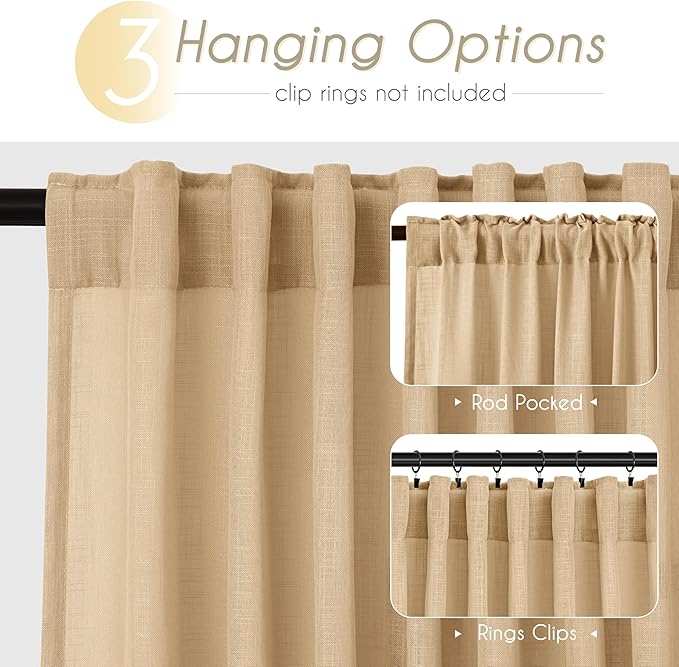 Tan Linen Curtains 108 inches Long for Living Room Back Tab Rustic Farmhouse Semi Sheer Light Filtering Window Curtain Dining Room Soft Thick Flax Linen Textured Drapes Kahki 52x108