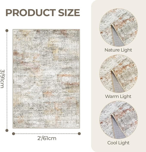 2x3 Washable Rug Runner for Bathroom, Soft Entryway Rug for Laundry Room, Kitchen, Vintage Abstract Hallway Runner for Bedroom, Anti-Slip Door Mat Indoor Entrance(2'x3', Grey/Rust)