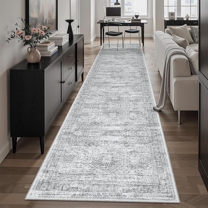 Runner Rug 2'6" x 10' Washable Non-Slip Runner Rugs for Kitchen Bathroom Laundry Room Vintage Ultra Thin Runners for Hallway Entryway Grey