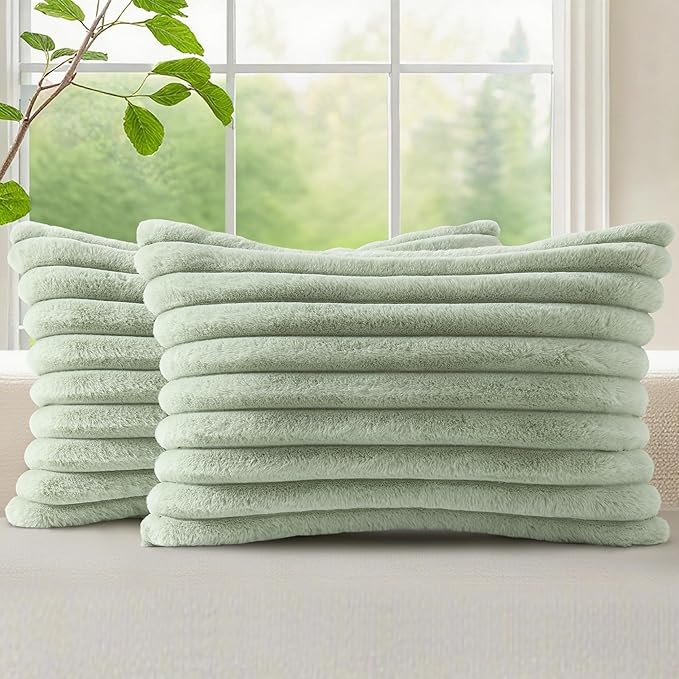 decorUhome Summer Cozy Faux Fur Throw Pillow Covers 12x20 Set of 2 Decorative Soft Plush Striped Lumbar Modern Farmhouse Boho Couch Pillow Cases with Velvet Back for Sofa Bed Living Room, Sage Green
