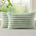 decorUhome Summer Cozy Faux Fur Throw Pillow Covers 12x20 Set of 2 Decorative Soft Plush Striped Lumbar Modern Farmhouse Boho Couch Pillow Cases with Velvet Back for Sofa Bed Living Room, Sage Green