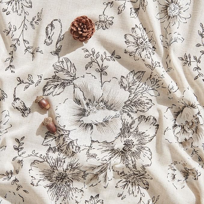 jinchan Linen Blend Curtain Floral Curtains for Living Room 84 Inch Length Black Printed Curtain Rod Pocket Back Tab Farmhouse Peony Flower Patterned Drapes Bedroom Window Curtains Set 2 Panels