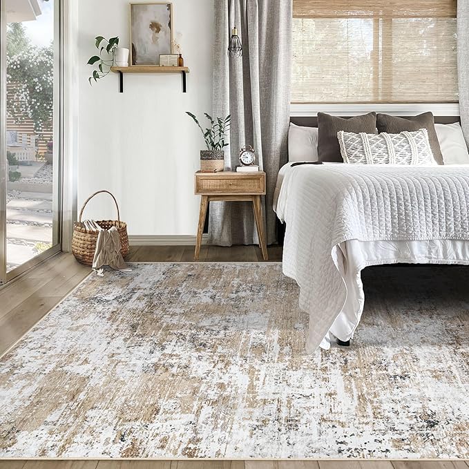 XLUEZ 5x7 Area Rugs for Living Room, Washable Modern Abstract Large Area Rug Neutral Soft Non Slip Kids Rug Stain Resistant Indoor Carpet for Bedroom Nursery Dining Room Playroom(Beige, 5'x7')