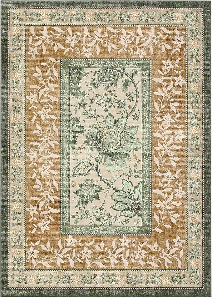GarveeHome Terracotta Olive Sage Green Washable 5x7 Area Rugs, Botanical Grove Vintage Cottage core Non-Slip Rug for Bedroom Living Room Nursery Kitchen Low-Pile Retro Carpet