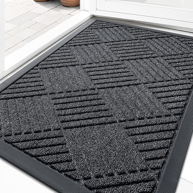OLANLY Front Door Mat Outside Entrance 29.5x17, Absorbent, Heavy Duty Sturdy Natural Rubber Doormat Indoor Outdoor, Stain Fade Resistant, Non-Slip Low Profile Floor Mat Entryway, Black Gray Diamond