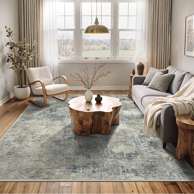 BEIMO Area Rugs 10x12 for Living Room Bedroom, Modern Abstract Machine Washable Rug, Large Soft Low Pile Floor Carpet with Non Slip Backing for Dining Room, Light Gray Blue