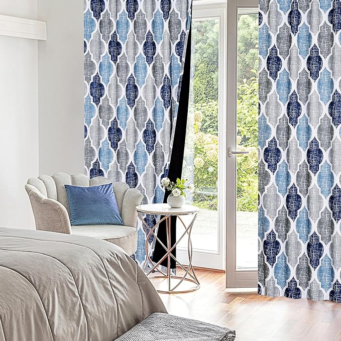 Beauoop 100% Blackout Curtains 84 Inches Long 2 Panels for Bedroom Living Room Blue Grey Moroccan Geo Room Darkening Thermal Insulated Soundproof Rod Pocket Back Tab Window Treatments Drapes, 50x84