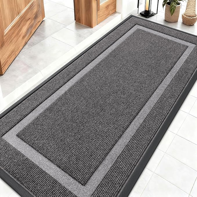 OLANLY Front Door Mat Indoor Outdoor Entrance, Waterproof All-Season, All-Weather Doormat, Sturdy Natural Rubber, Fade Resistant, Low Profile, Easy Clean Patio Porch Entryway Mat, 59x23, Dark Grey