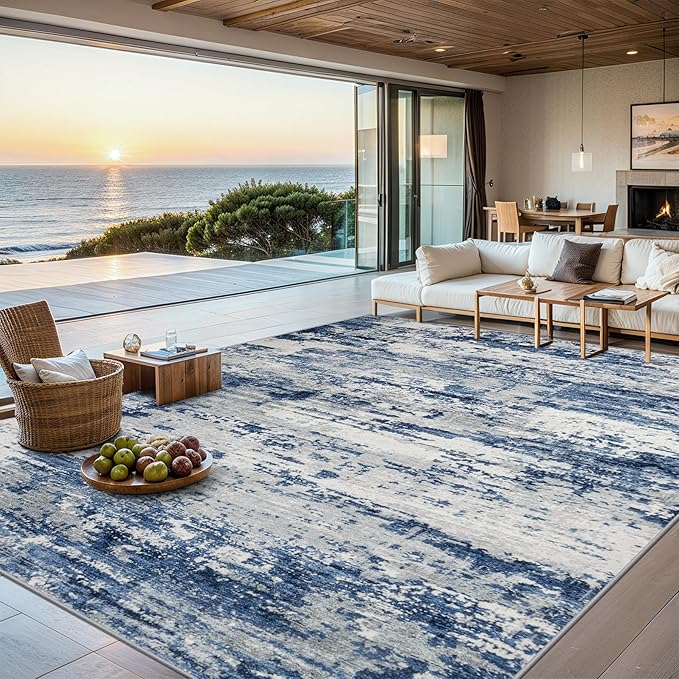 8x10 Area Rugs for Living Room - Washable Rug Modern Abstract Soft Large Neutral Non-Slip Carpet Indoor Floor Thin Carpets for Bedroom Dining Room Farmhouse Nursery Home Office Blue Gray