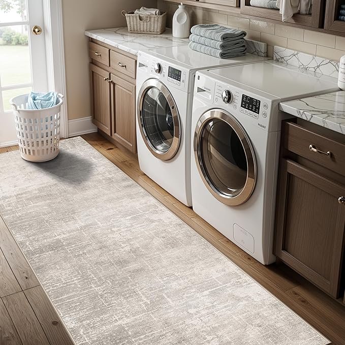 Hallway 2x8 Washable Runner Rug: Abstract Stain Resistant Entryway Kitchen Area Rugs Farmhouse Soft Bathroom Bedroom Print Floor Mat Thin Non-Slip Indoor Carpet for Living Room Laudry(2x8,Beige/Cream)